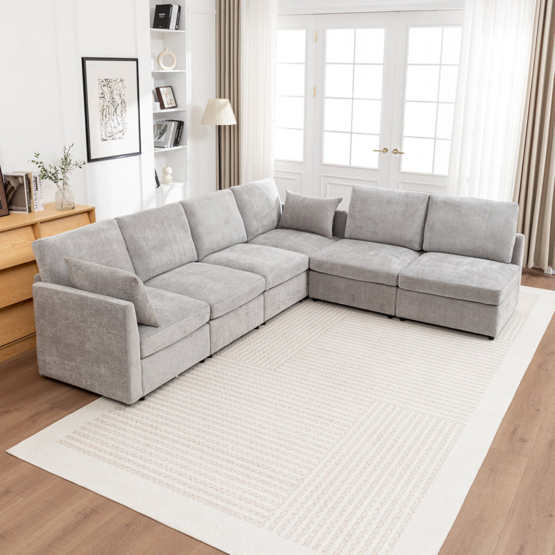 Canapé modulaire rembourré en L 6 pièces Miller, Gris