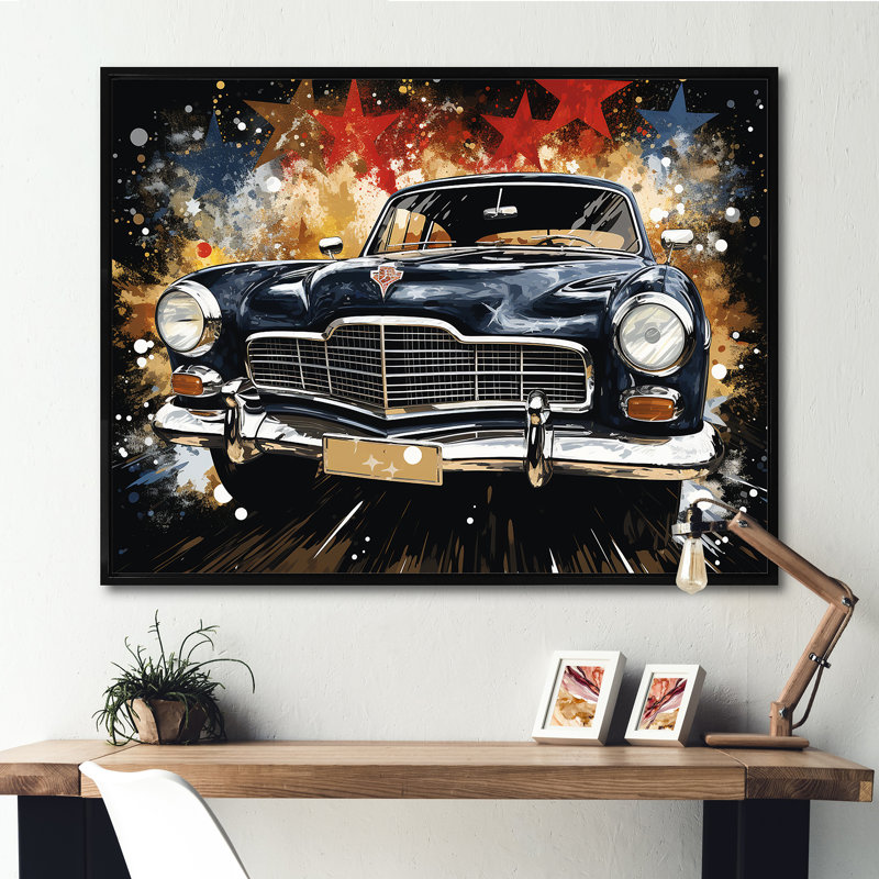 Voiture américaine rétro noire classique - art mural américain ancien, Cadre flottant noir, H 12 po x l 20 po x P 1 po