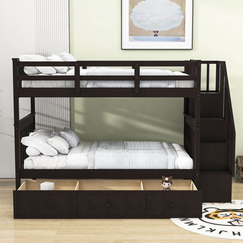 Dhyan Kids Twin Over Twin Bunk Bed with Drawers, Espresso