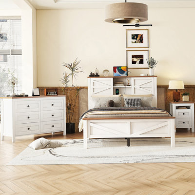 3-Pieces Bedroom Sets Full Size Farmhouse Platform Bed With Double Sliding Door Storage Headboard And Charging Station, Storage Nightstand And Dresser, White+Brown