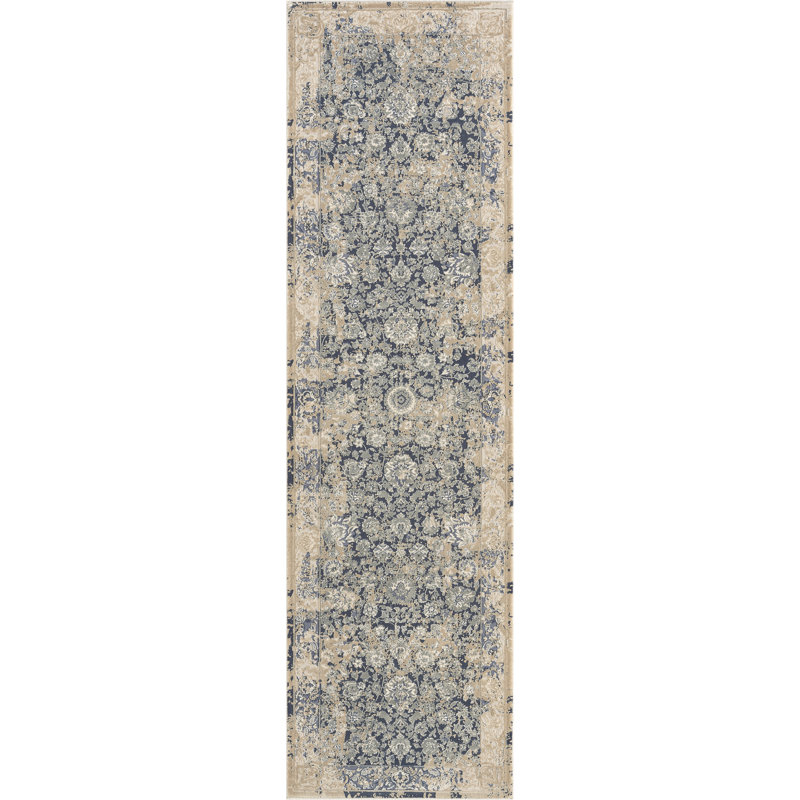Tapis bleu / gris à motif floral Ophelia Lux, Tapis de couloir de 2 pi x 7 pi