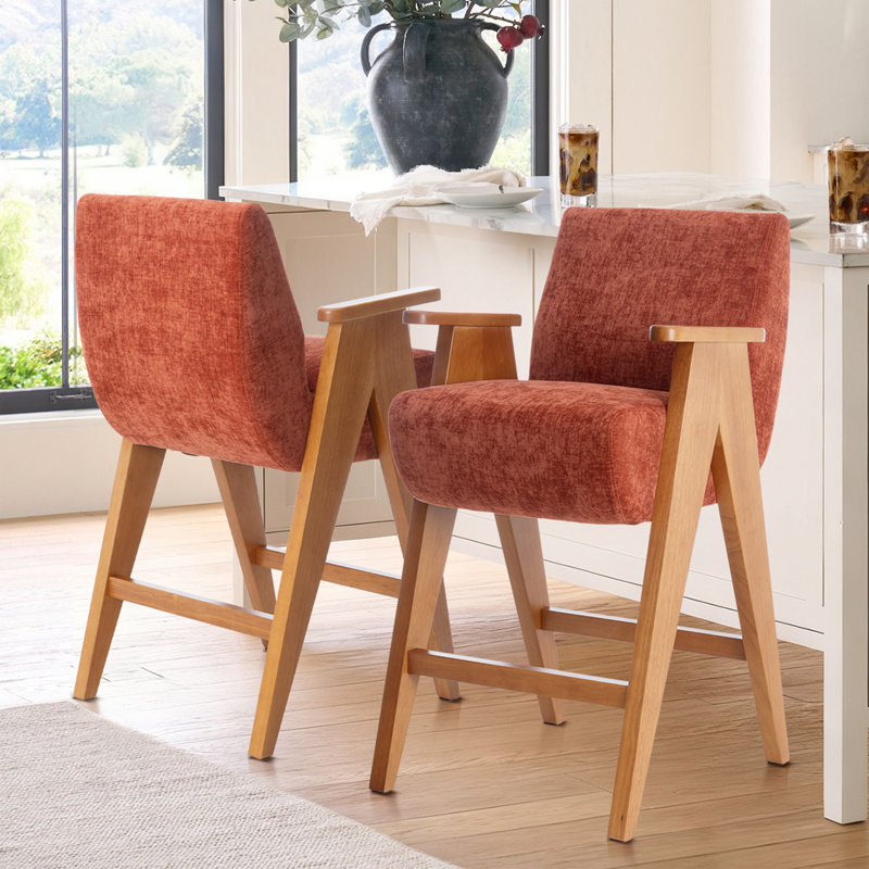 Tabouret de comptoir rembourré avec accoudoirs Betty, Orange