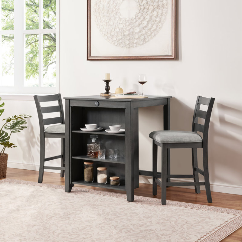 Ensemble de salle à manger moderne de 30 po pour 3 personnes avec station de charge et rangement réglable à 3 niveaux, table de bar peu encombrante et 2 chaises de bar avec revêtement pour petits espaces, café, bar, coin-repas, gris