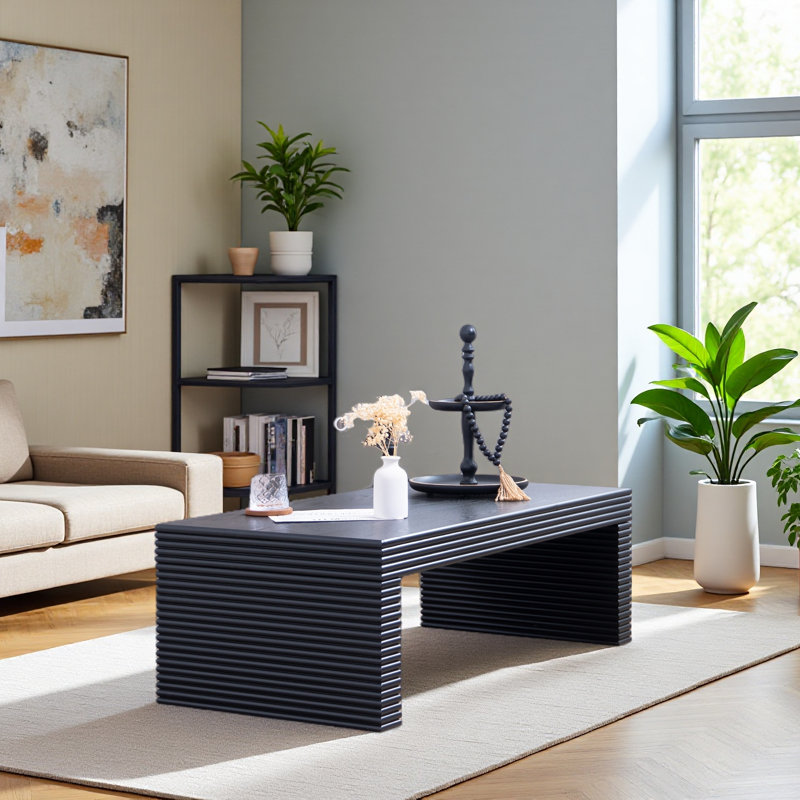 47.6" Modern Black Ribbed Coffee Table – Rectangular Low Profile Center Table