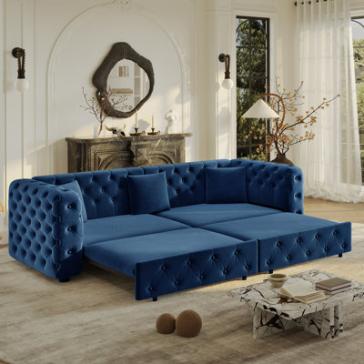 89" Extra Large Multifunctional Sofa Bed, 3-In-1 Pull Out Sofa, 4-Seater Classic Velvet Sofa With Tufted Design, Includes 3 Throw Pillows, Suitable For Apartments And Living Rooms,Blue