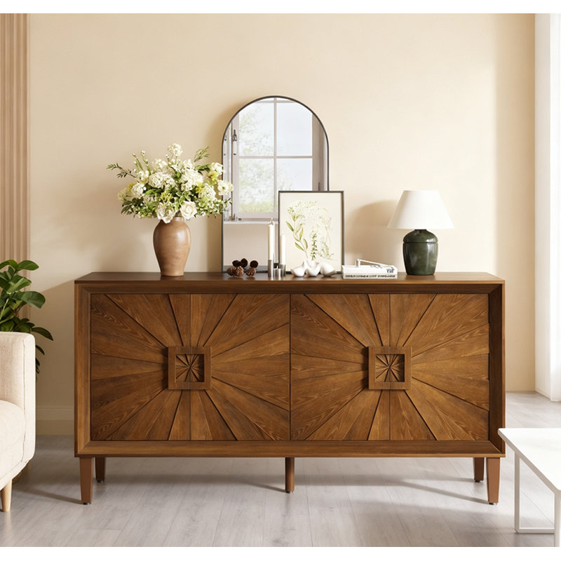 Credenza - Symmetrical Sunburst Door Design Storage Cabinet, Antique Brown