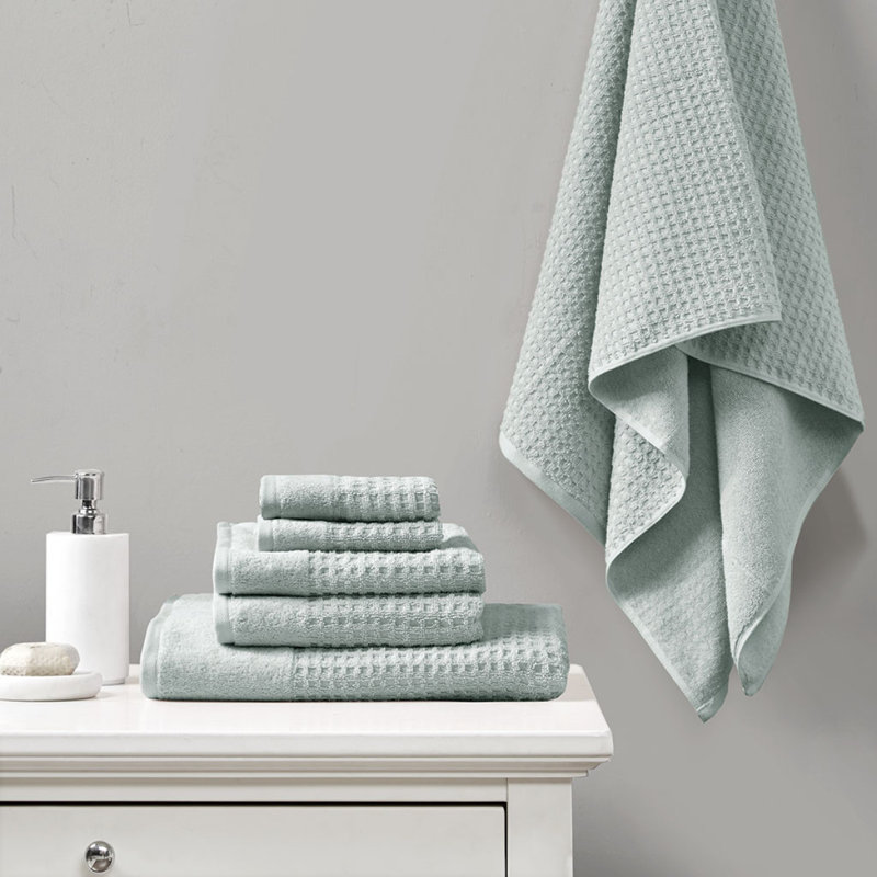 Cotton Waffle Jacquard Antimicrobial Bath Towel 6 Piece Set, Green
