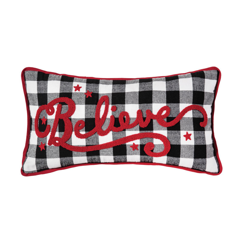 Medium Black and White Cotton Accent Pillow with Red Believe Text