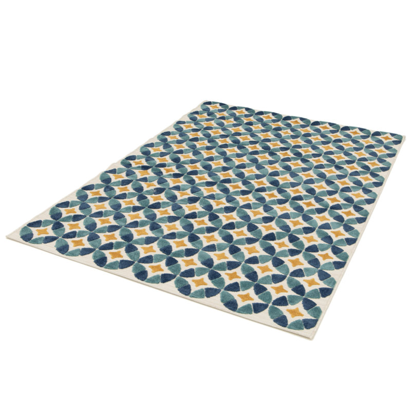 Grubb Geometric Machine Woven Relief Indoor Outdoor Petrol Area Rug, Rectangle 123 x 170cm