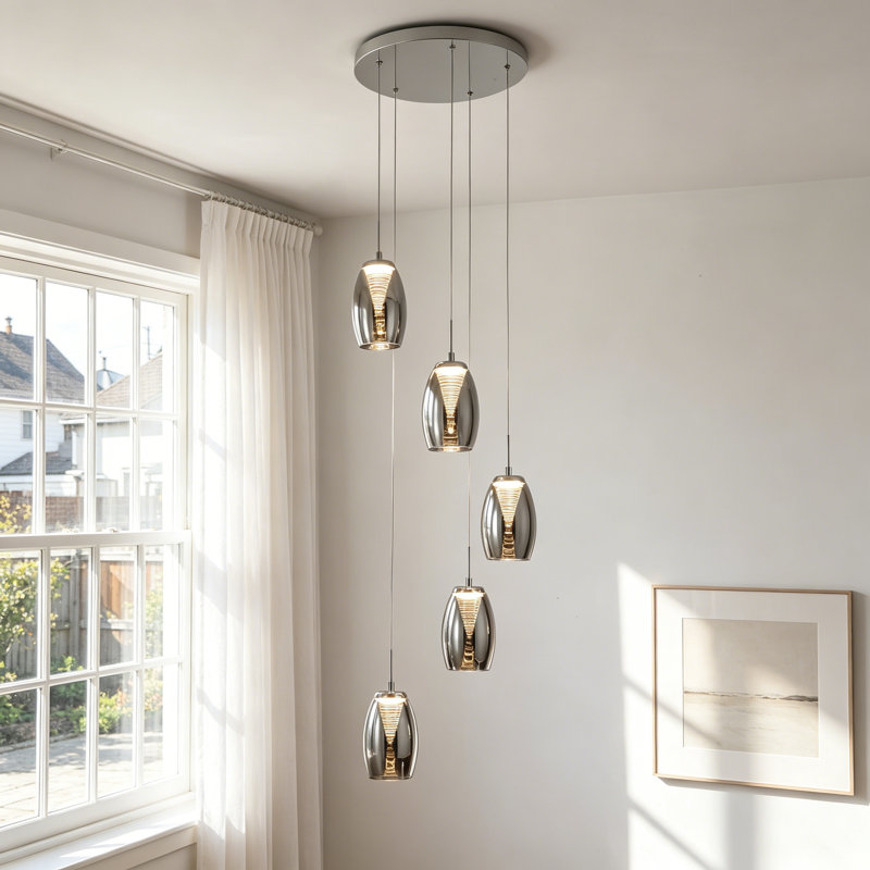 Lustre long avec escalier 5 lumières DEL