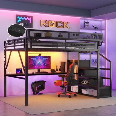 Lit mezzanine double en métal avec bureau, station de charge, escalier et lumière DEL, lit plateforme pour enfants et adolescents, noir