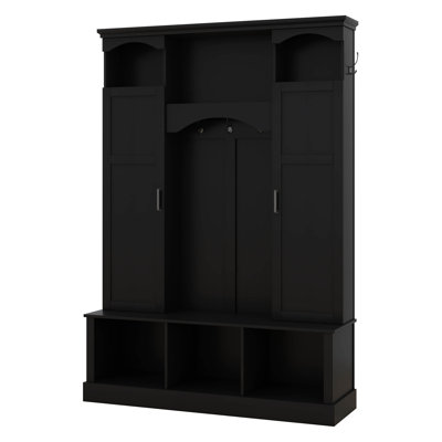All-In-One Hall Tree With Adjustable Shelves, Classic Arched Farmhouse Storage Bench With Dual Side Cabinets, 7 Hooks