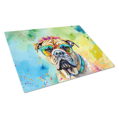 Bullmastiff Hippie Dawg Glass Cutting Board Large