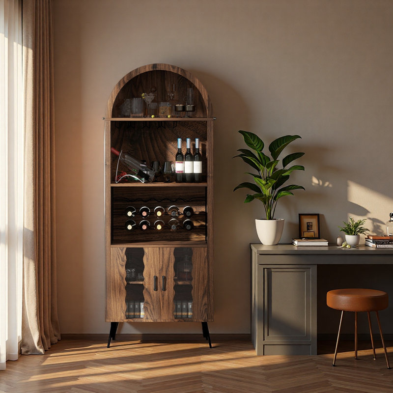 71"Farmhouse Arched Bar Cabinet: Tall Arched Display Cabinet , Arch Wine Bar Cabinets &Coffee Bar, Whiskey Station With Wine Rack And Wine Glass Holder - Liquor Bars Cabinet For Living Dining Room