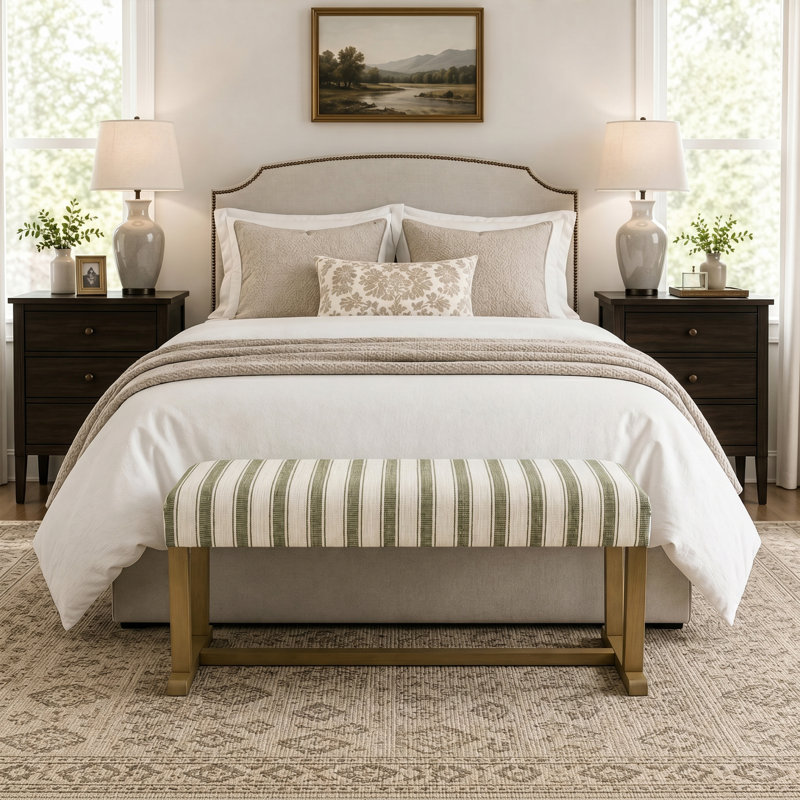 Striped Upholstered Bench, 41" Coastal Bench with Wood Frame for Entryway, Dining Room & Bedroom, Sage Green