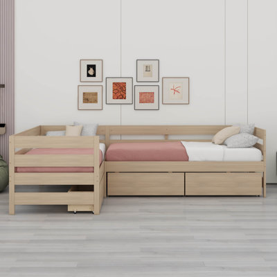 Twin Size L-Shaped Platform Bed With 3 Storage Drawers, Solid Wood Bed Frame With Safety Guardrails