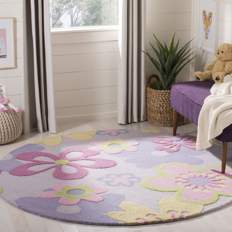 Tapis mauve / rose / jaune en laine / coton touffeté à la main Sighréf, Rond 4 pi