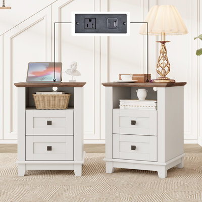 Table de chevet Hutchison avec station de charge, table d'appoint de style campagnard avec 2 tiroirs de rangement et 1 casier en bois ouvert pour la chambre à coucher, le bureau et le bois de grange