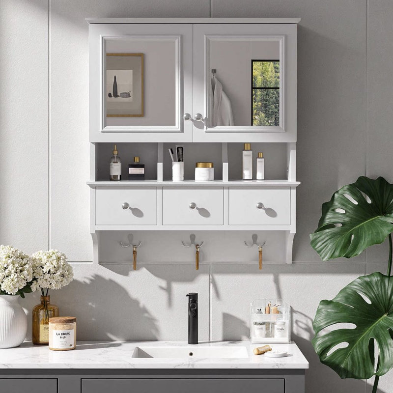 Armoire de toilette 4 en 1 | Pharmacie murale de 24 pouces avec tiroirs et crochets | Reflet impeccable et rangement dissimulé pour un meuble-lavabo sans encombrement