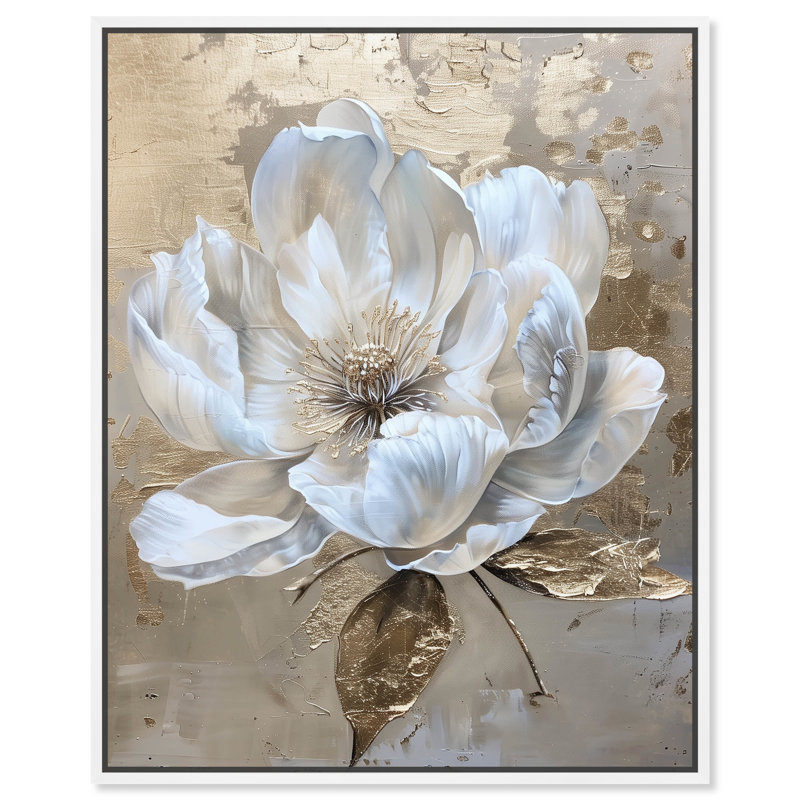 White and Gold Floral Canvas Print with Wooden Frame, 21" x 25"