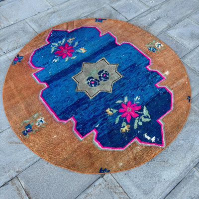 Vintage Hand-Knotted Anatolian Rug - Aesthetic Round Orange Oriental Accent Rug for Entry Spaces
