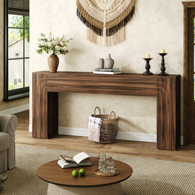 Long Farmhouse Entryway Console Table With Handcrafted Line Design, Wooden Sofa Table For Hallway, Living Room, Or Behind Couch