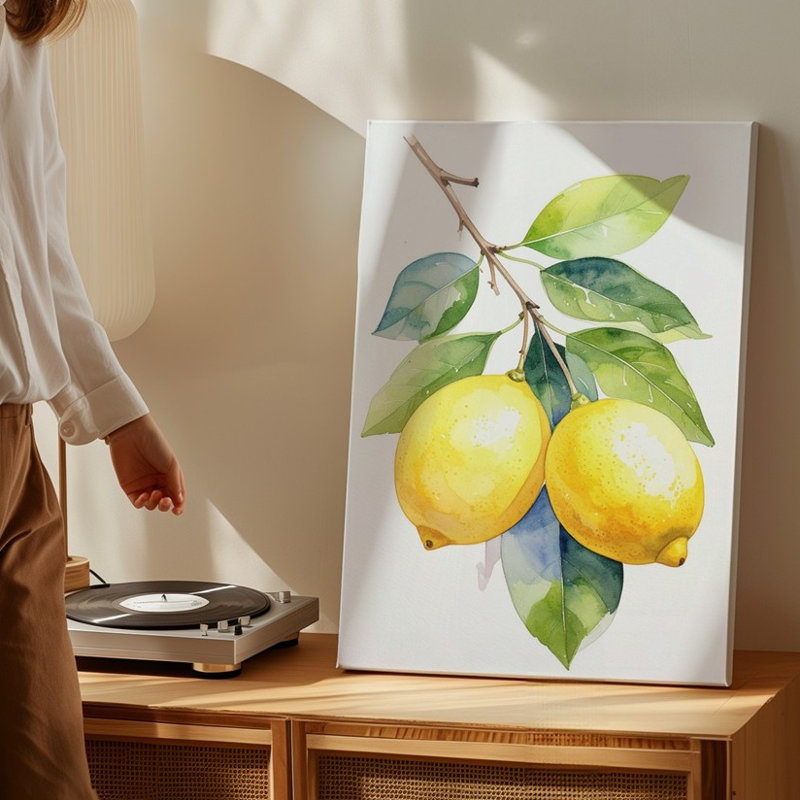 Minimaliste, branche de citron, aquarelle, fruit, aquarelle, art mural, toile prête à accrocher, H 30 po x l 30 po