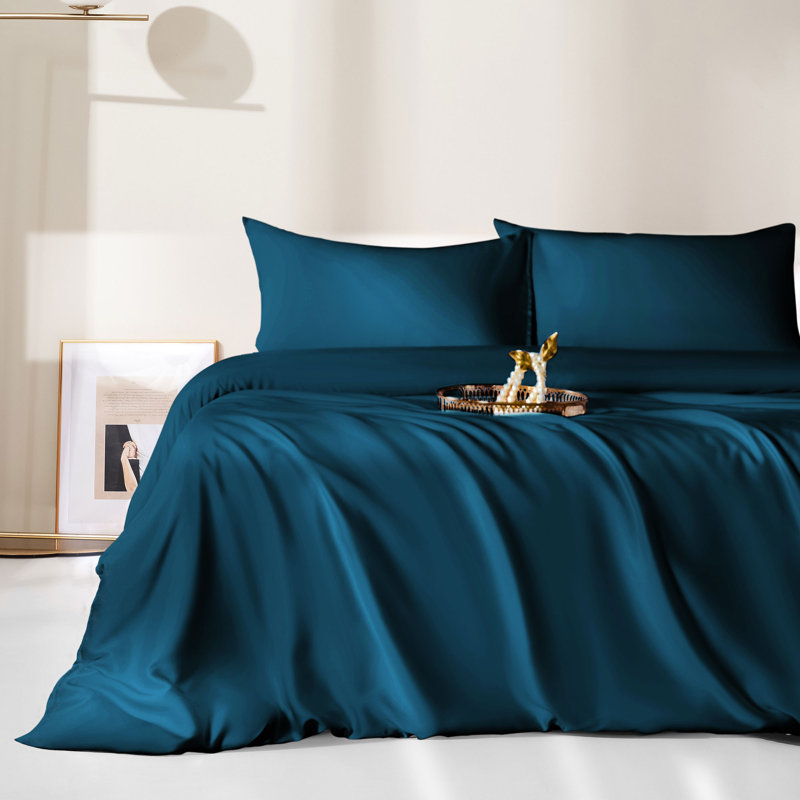 3-Piece Luxury 100% Rayon From Bamboo Duvet Cover Set, Blue, Queen Duvet Cover + 2 Standard Shams