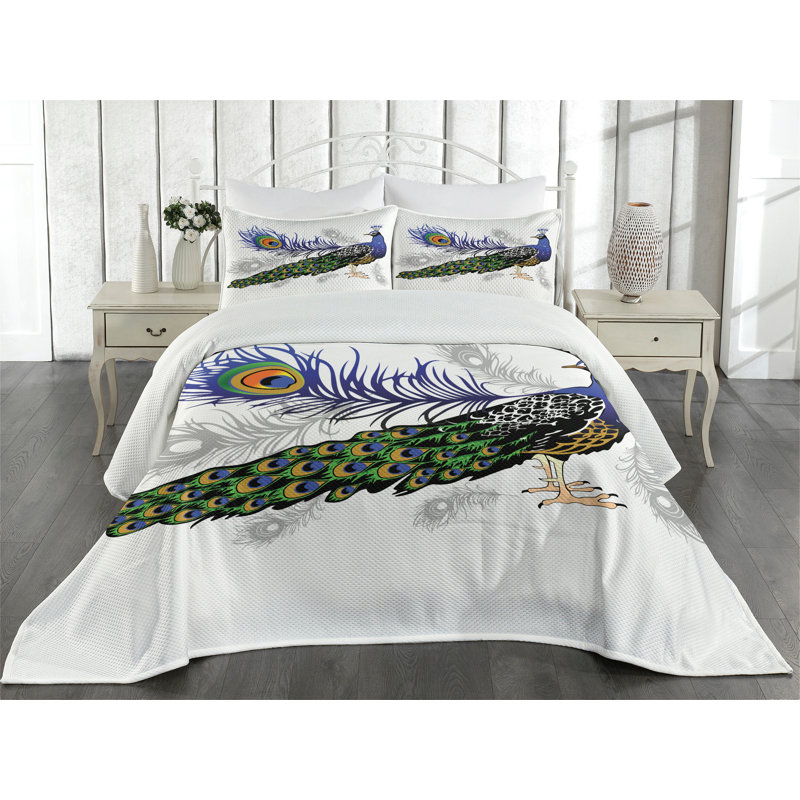 White Twin Quilted Bedspread Set with Peacock Design