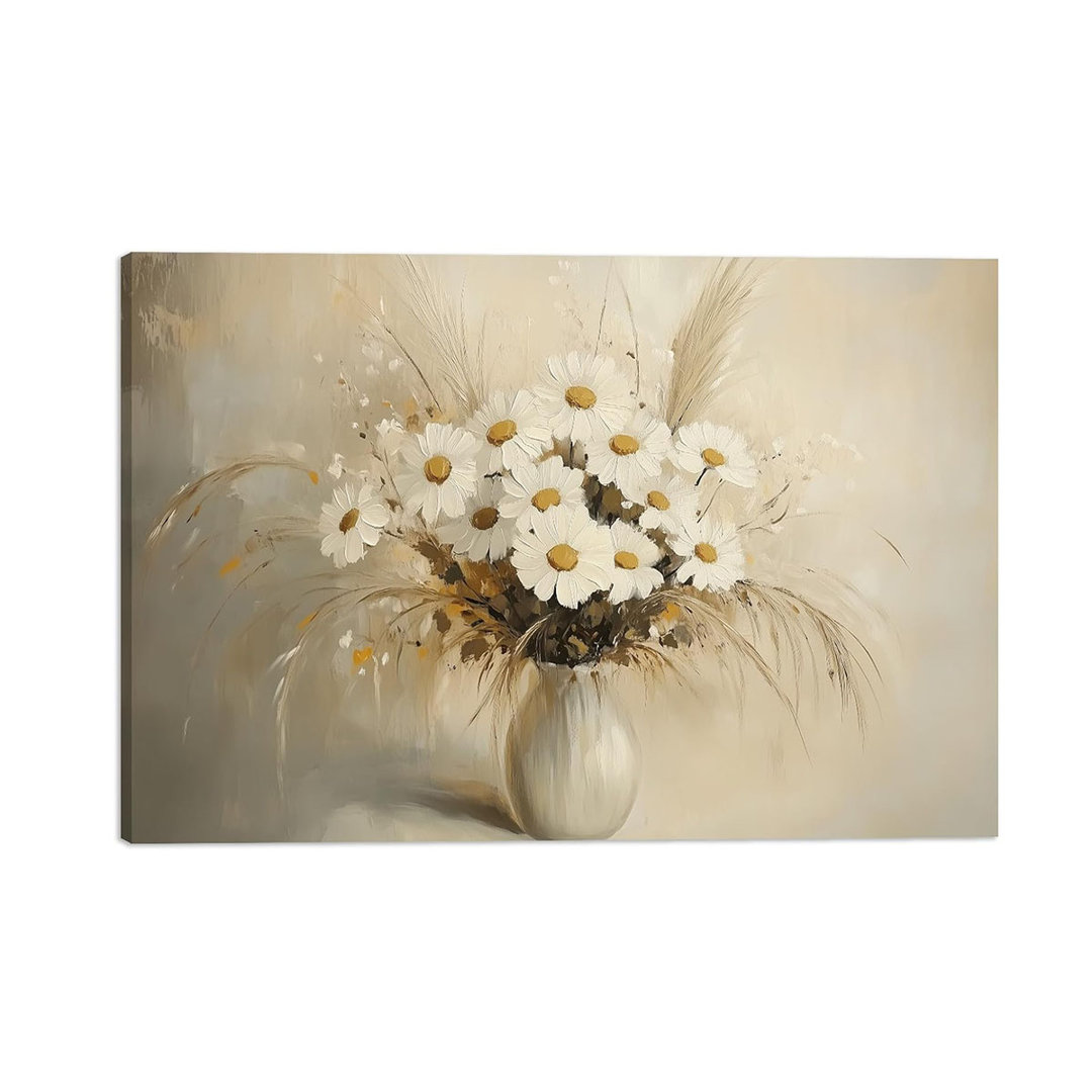 Floral Canvas Wall Art - White Flowers In A Vase Oil Painting Modern Aesthetic Floral Picture Frame Artwork Home Decor For Bedroom Living Room(24"X16"