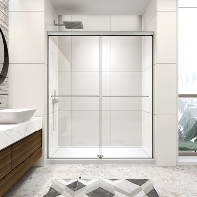56-60" W x 70" H Framed Shower Door, Double Sliding Door with 1/4" (6mm) Clear Tempered Glass, 2 Towel Bars for Walk-in Bathroom, Brushed Nickel Finish Shower Doors, Reversible Installation