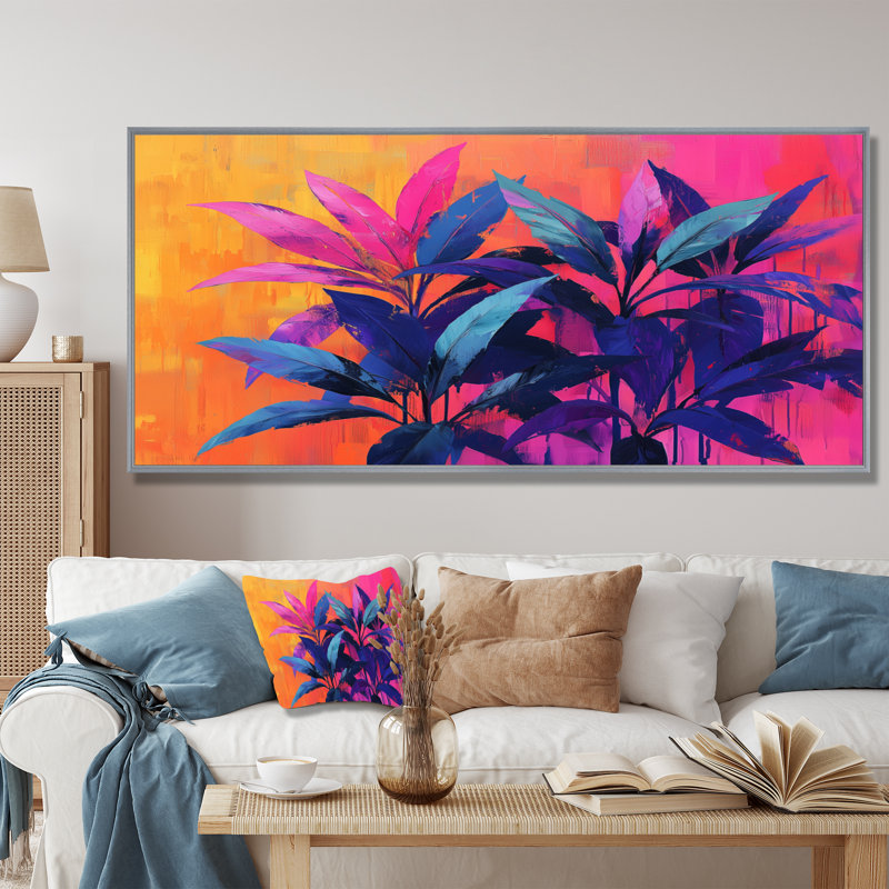 Décoration murale électrique Jungle électrique en couleurs néon Pop Art II - Plantes, 16" H x 32" W, Encadrement argenté