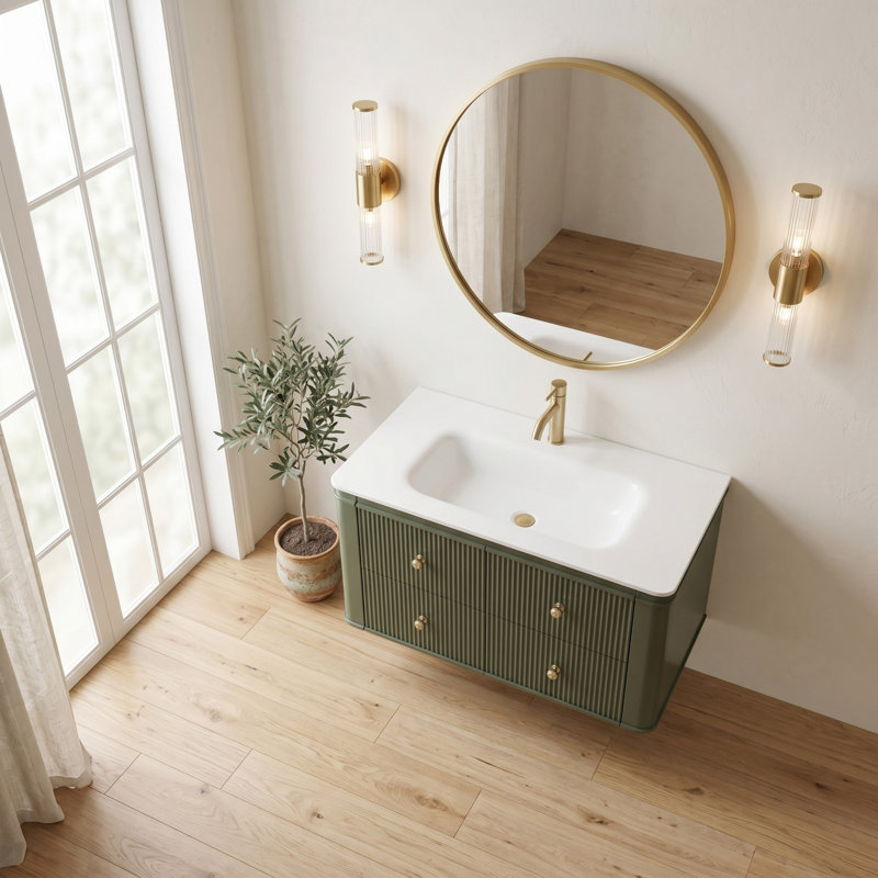 Meuble-lavabo flottant mural 36 po avec lavabo en acrylique intégré, 4 tiroirs à queue d'aronde à fermeture en douceur et deux poignées en vert antique