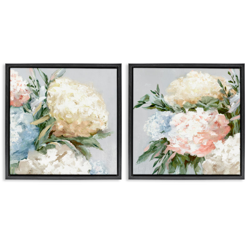  Pastel Blooming Hydrangeas 2 PC Framed Floater Canvas Set by Alex Black, Jet Black Floater Frame, 18" H x 18" W