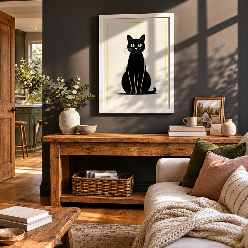 Black Cat Minimalist - Framed Print, A1 - 84.1 x 59.4 cm, White