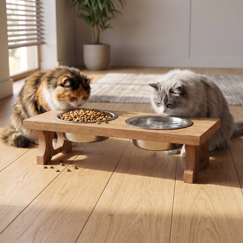 Gamelle double surélevée pour animaux de compagnie, style rustique moderne, fini bois naturel
