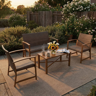 Ensemble de mobilier d'extérieur 4 pièces avec coussins en mousse à séchage rapide, 2 fauteuils, causeuse et table basse
