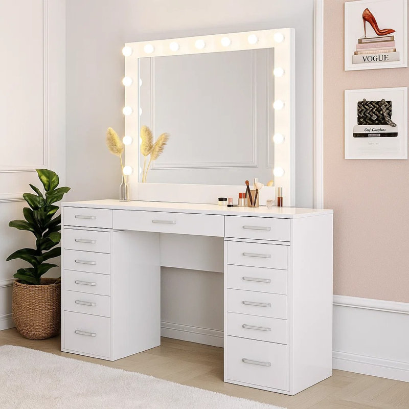 Sheila Vanity Set With Lighted Mirror, Multiple Drawers, White Wood
