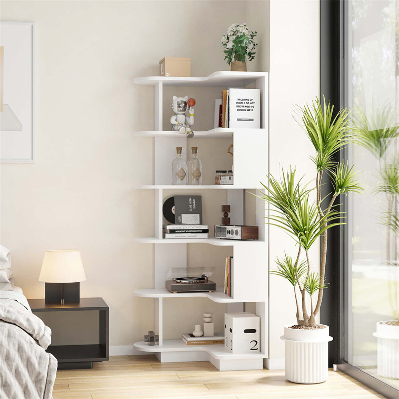 Bibliothèque d'angle à 5 niveaux, rangement autoportant en forme de L et présentoir pour le salon, le bureau et la chambre à coucher