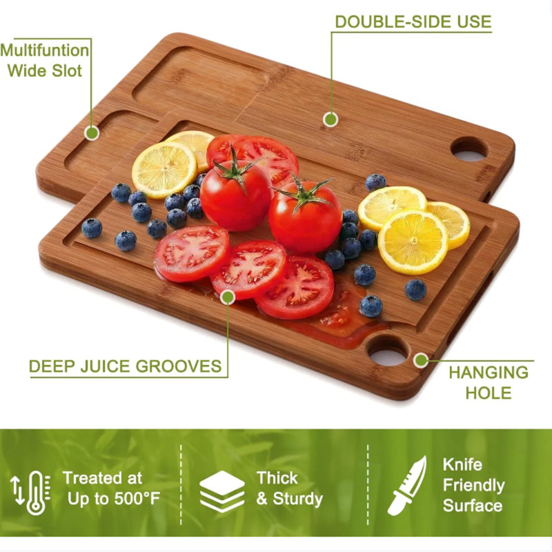 Ensemble de 3 planches à découper en bambou, planches à découper en bois avec rainure à jus profond, tapis antidérapant et poignées intégrées