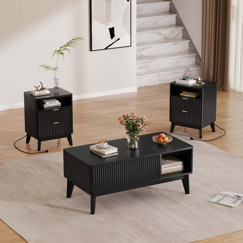 Lift Top Coffee Table Set With 2 End Tables - Natural Coffee Table & Side Tables With Charging Station, Black