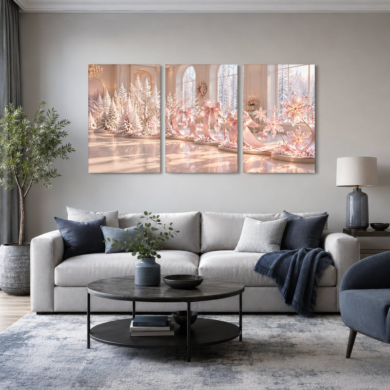 Ensemble de 3 toiles blanches givrées et boucles roses à Noël, L 60 po x H 30 po au total - 3 panneaux