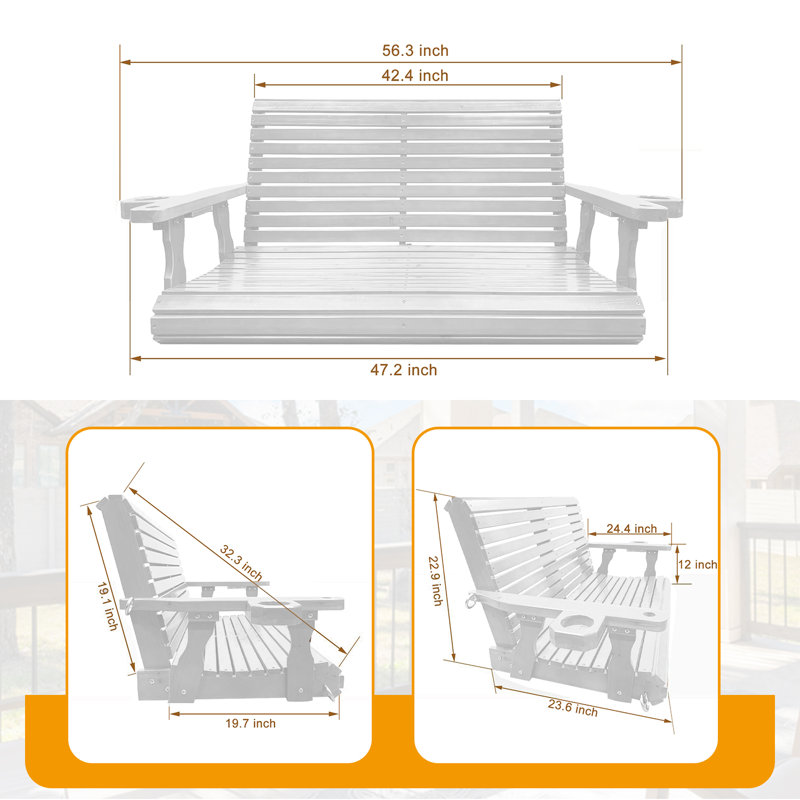 Balancelle en bois 2 places, balancelle avec porte-gobelets, 47.2", Blanc