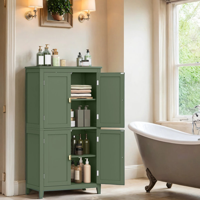 Arhavi 43.3" H 4-Door Floor Storage Cabinet with Adjustable Shelves, Green/Gold