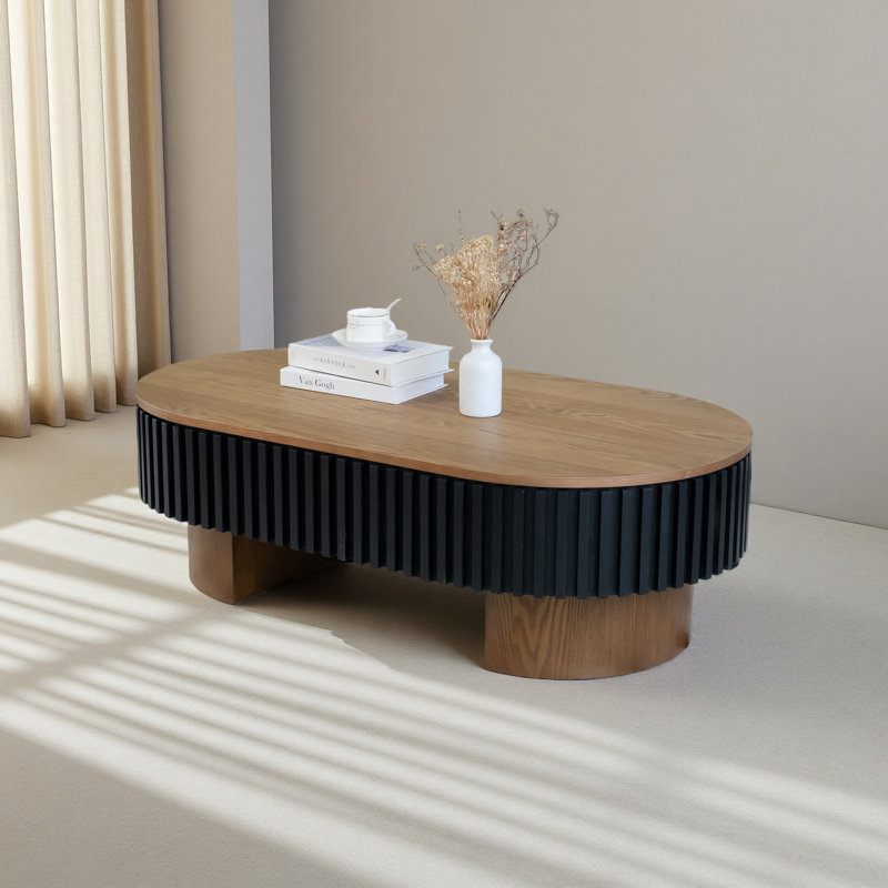 Table basse de salon elliptique de 43,7 po avec rangement caché et plateau de table amovible, table basse moderne en placage de bois massif