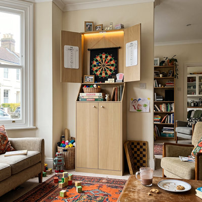 Dart Cabinet with Built-In Dartboard, Scoreboards, and Dart Storage