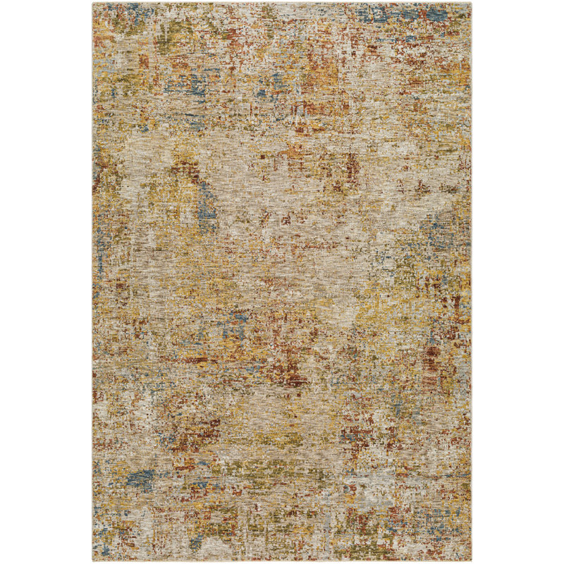 Tapis abstrait en polyester tissé à la machine en beige / or / rouille, Rectangle 7 pi 10 po x 10 pi 3 po