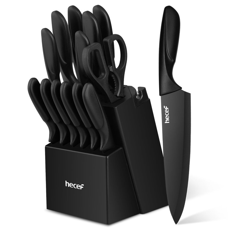 Ensemble de couteaux de cuisine 15 pièces Hecef - Acier inoxydable à revêtement antiadhésif, poignées ergonomiques, bloc en bois de pin avec base d'aération, lavable au lave-vaisselle