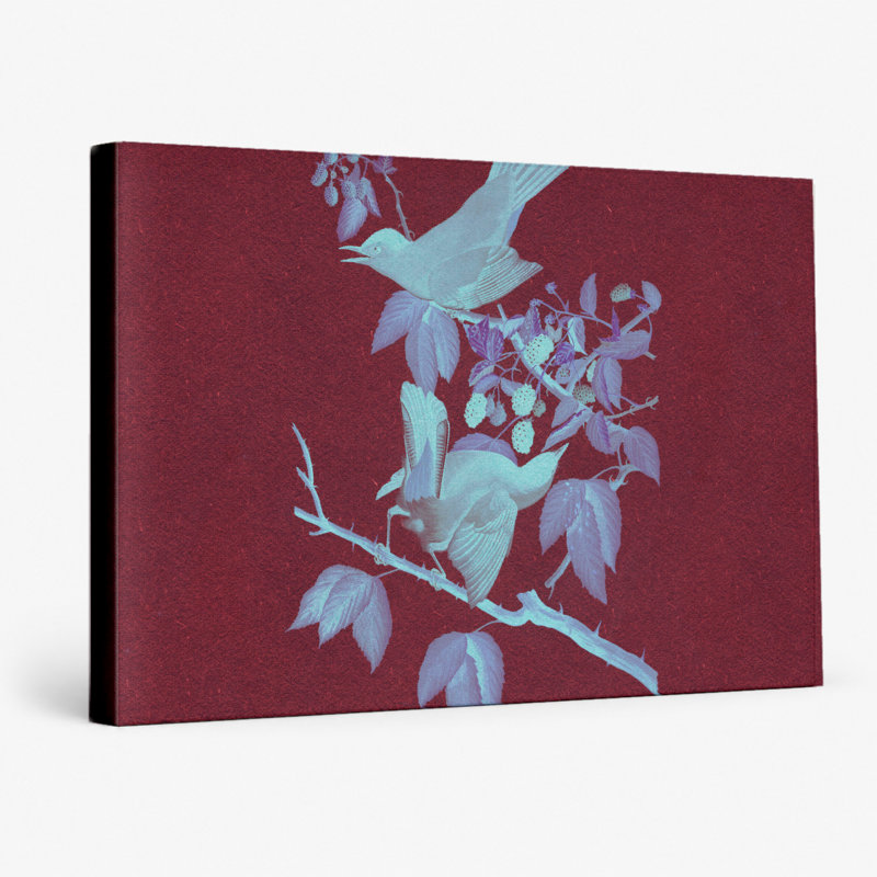 Deux oiseaux sur une branche avec des baies - Art mural sur toile paysage, 14" W x 11" H