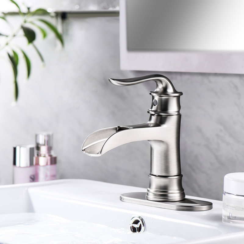 Robinet de salle de bain élégant, bec cascade en nickel brossé, bonde escamotable, résistant aux dommages quotidiens